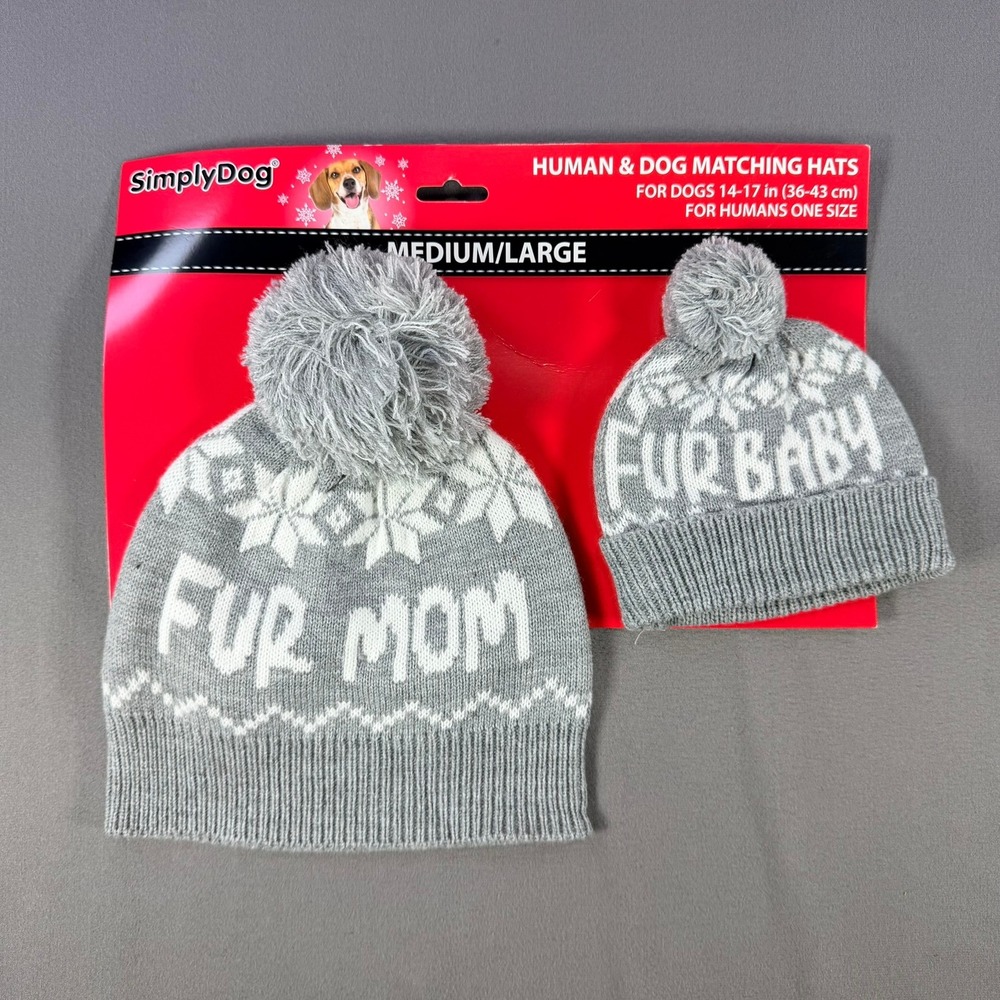 SimplyDog Matching Hats Medium/Large Grey Fur Mom Fur Baby Pom‎ Beanie Gift Set